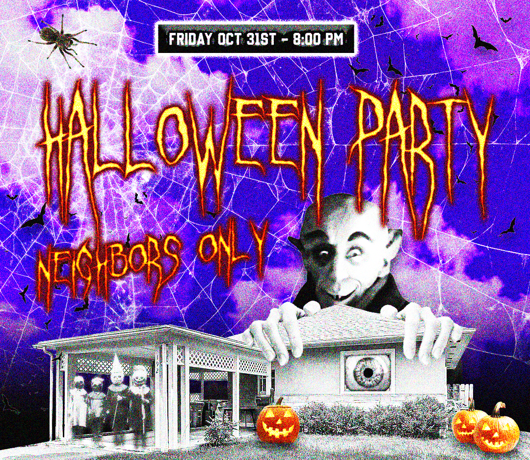 the halloween party invite flyer with a spooky graphic and info on when and where it was
