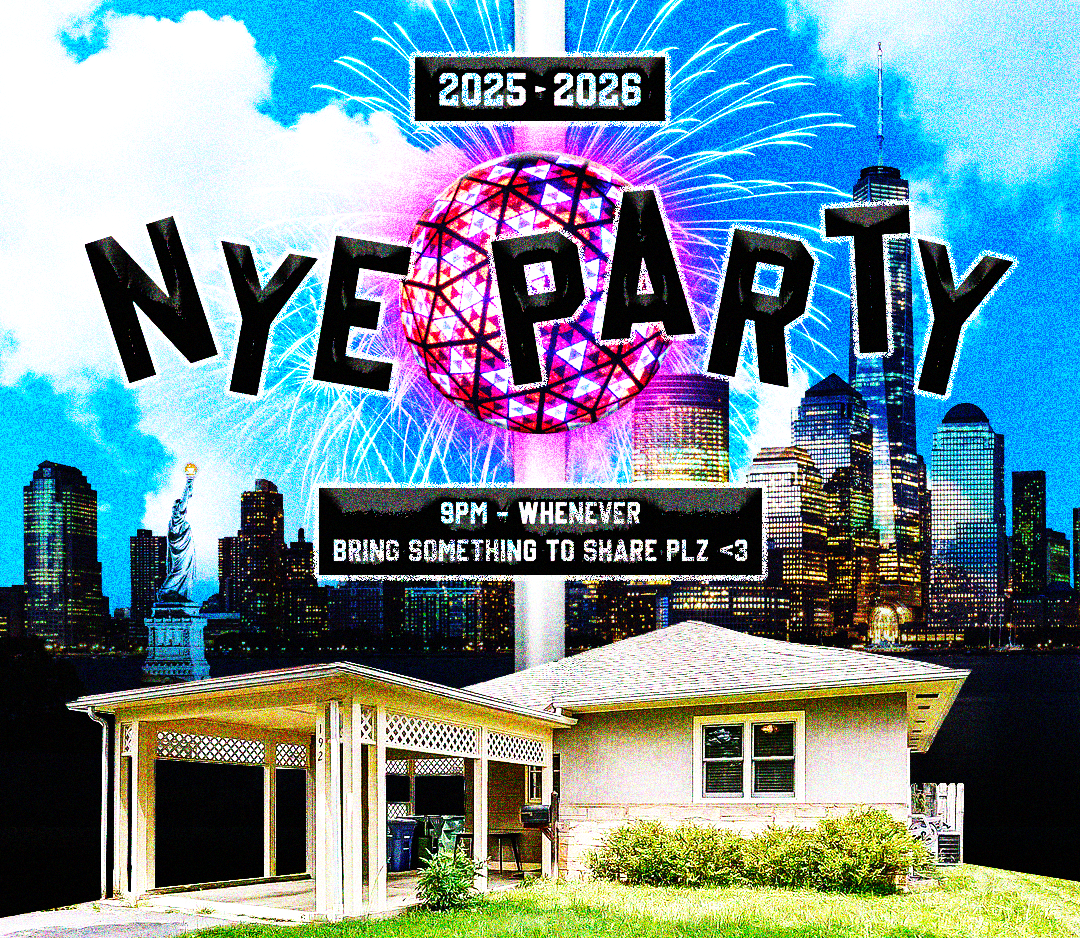New Year's Eve party invitation featuring a suburban house with the New York City skyline and Statue of Liberty in the background, with fireworks and a glowing 2025-2026 NYE Party sign.