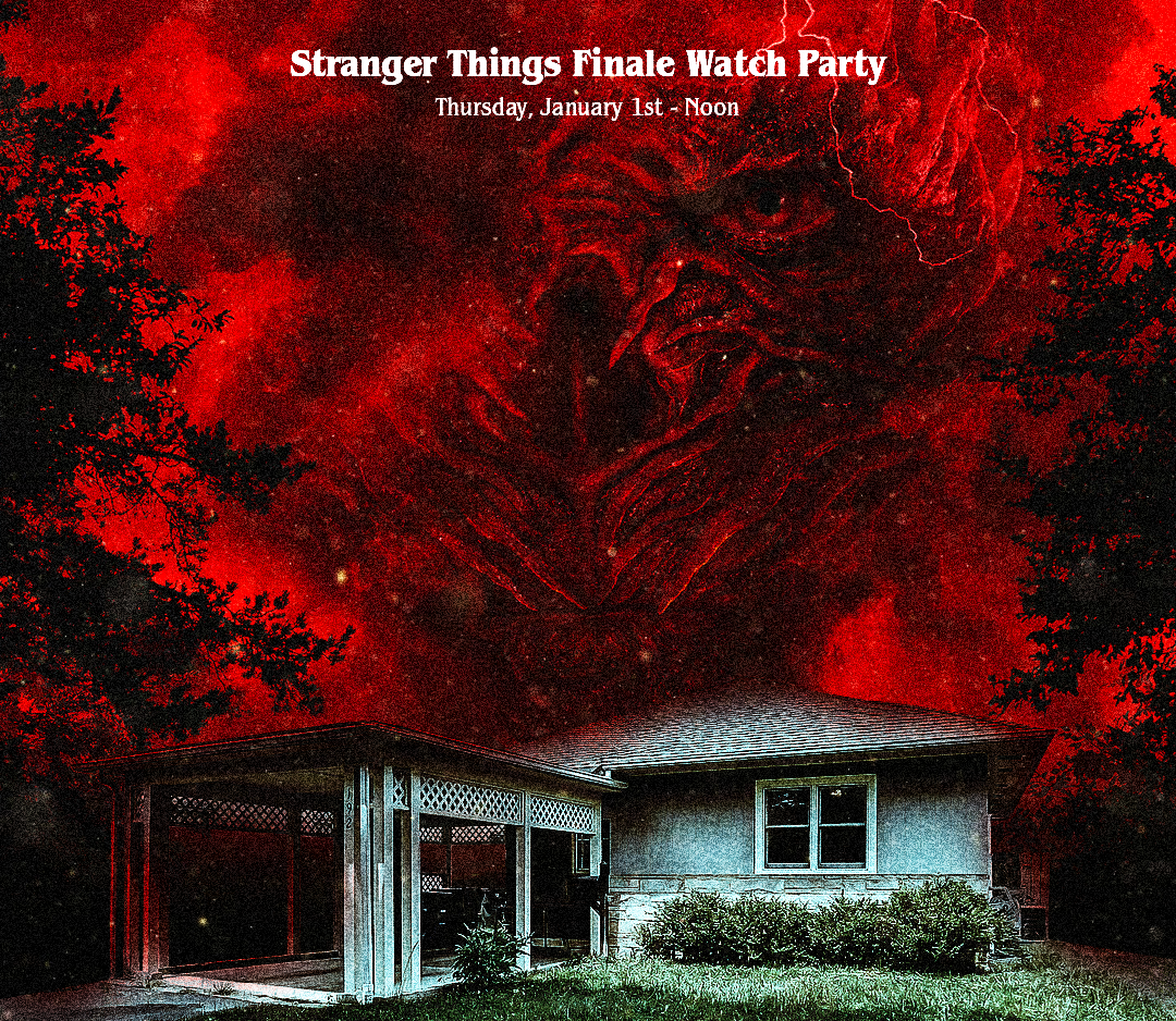 Stranger Things Finale Watch Party text above a house with a dark red sky featuring a hidden monster face and lightning.