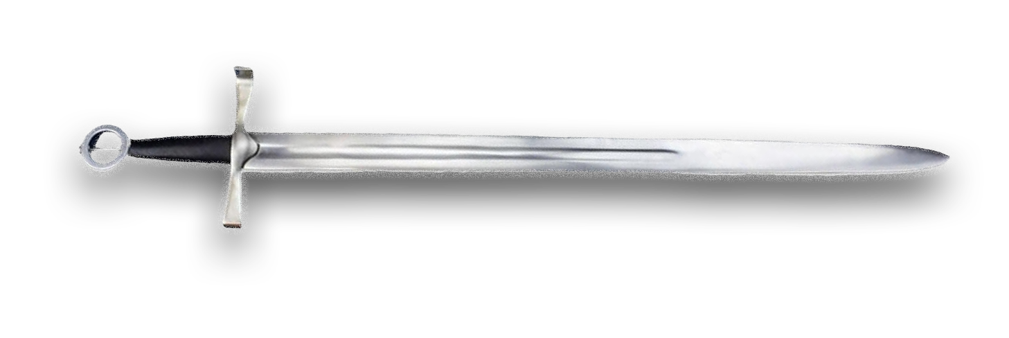 Medieval-style sword with a shiny double-edged blade, crossguard, and round pommel on a white background.