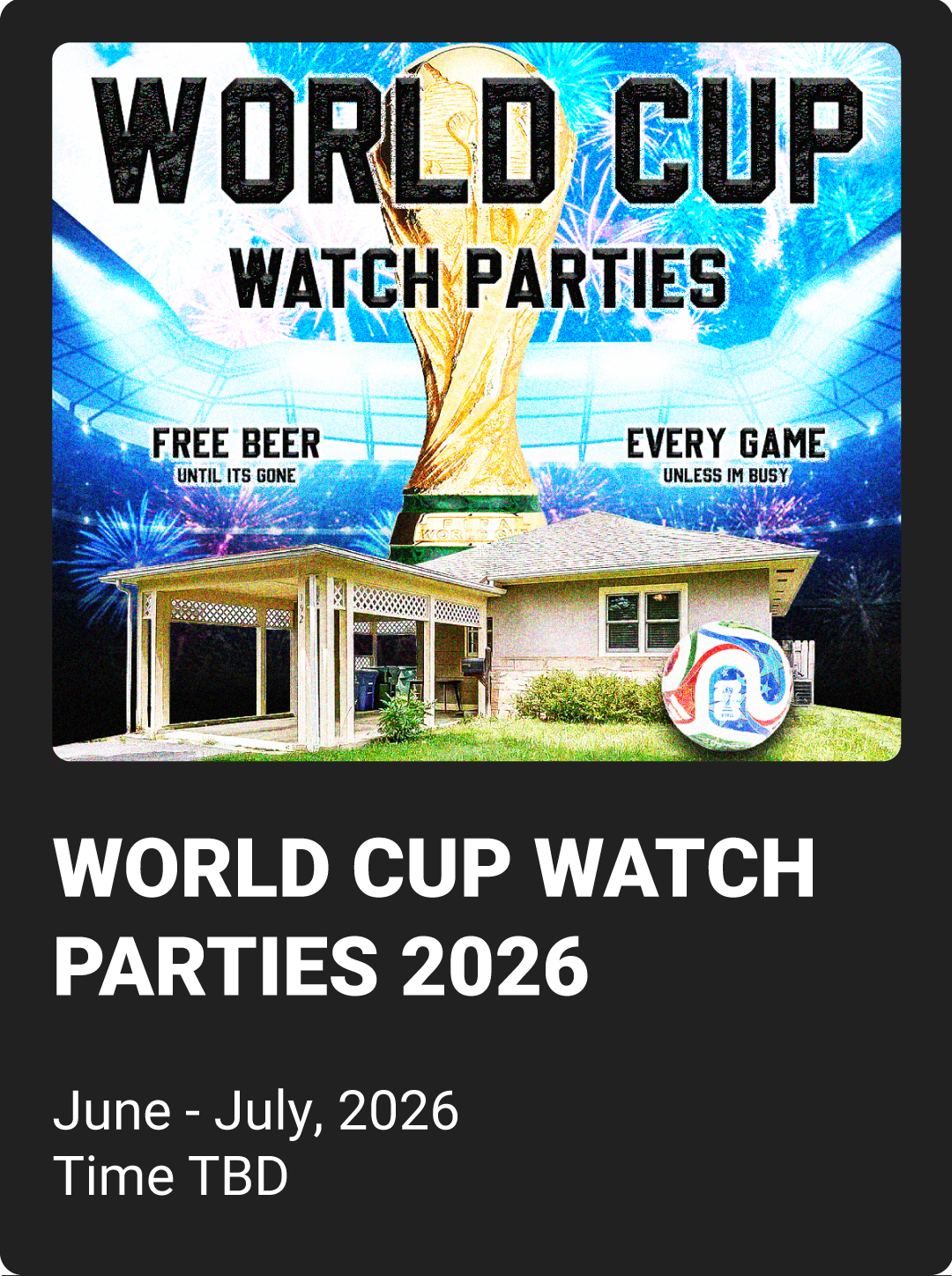 Promotional graphic for the 2026 first game watch party featuring Columbus Crew and Portland Timbers logos, new players, crew kids, and a house with text 'Who are you people?!'