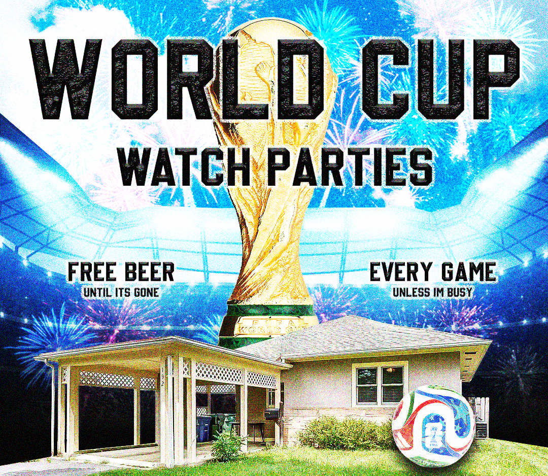 World Cup trophy with fireworks above house and soccer ball, promoting watch parties with free beer.