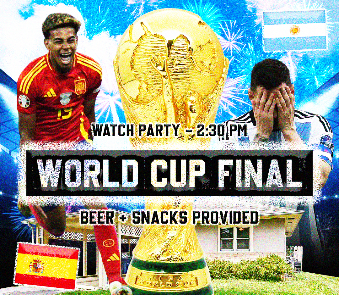 World Cup Final watch party with Spain and Argentina players, FIFA trophy, and flags shown.
