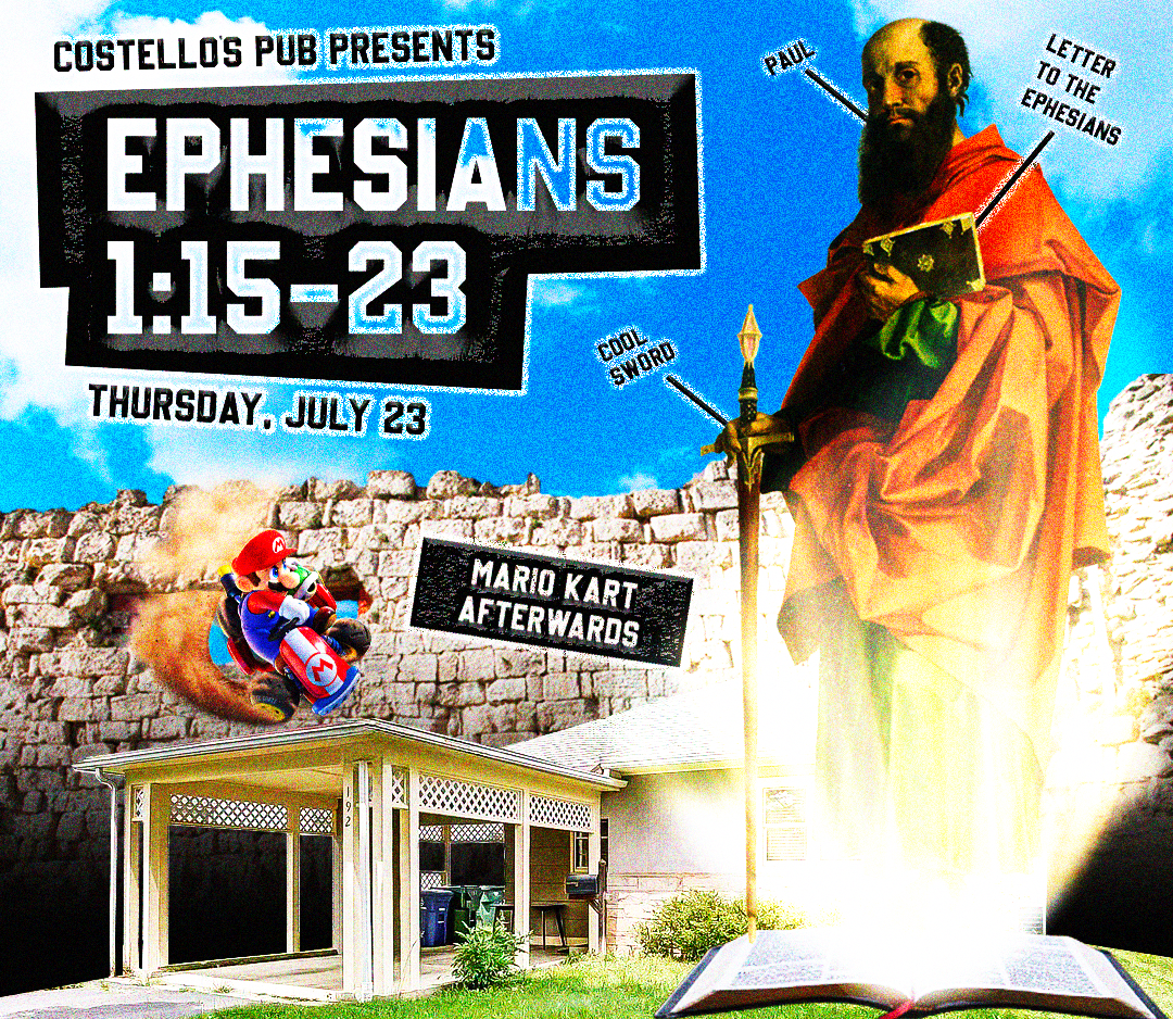Costellos Pub event poster with Saint Paul holding a sword and book, Mario Kart racing, and event details.