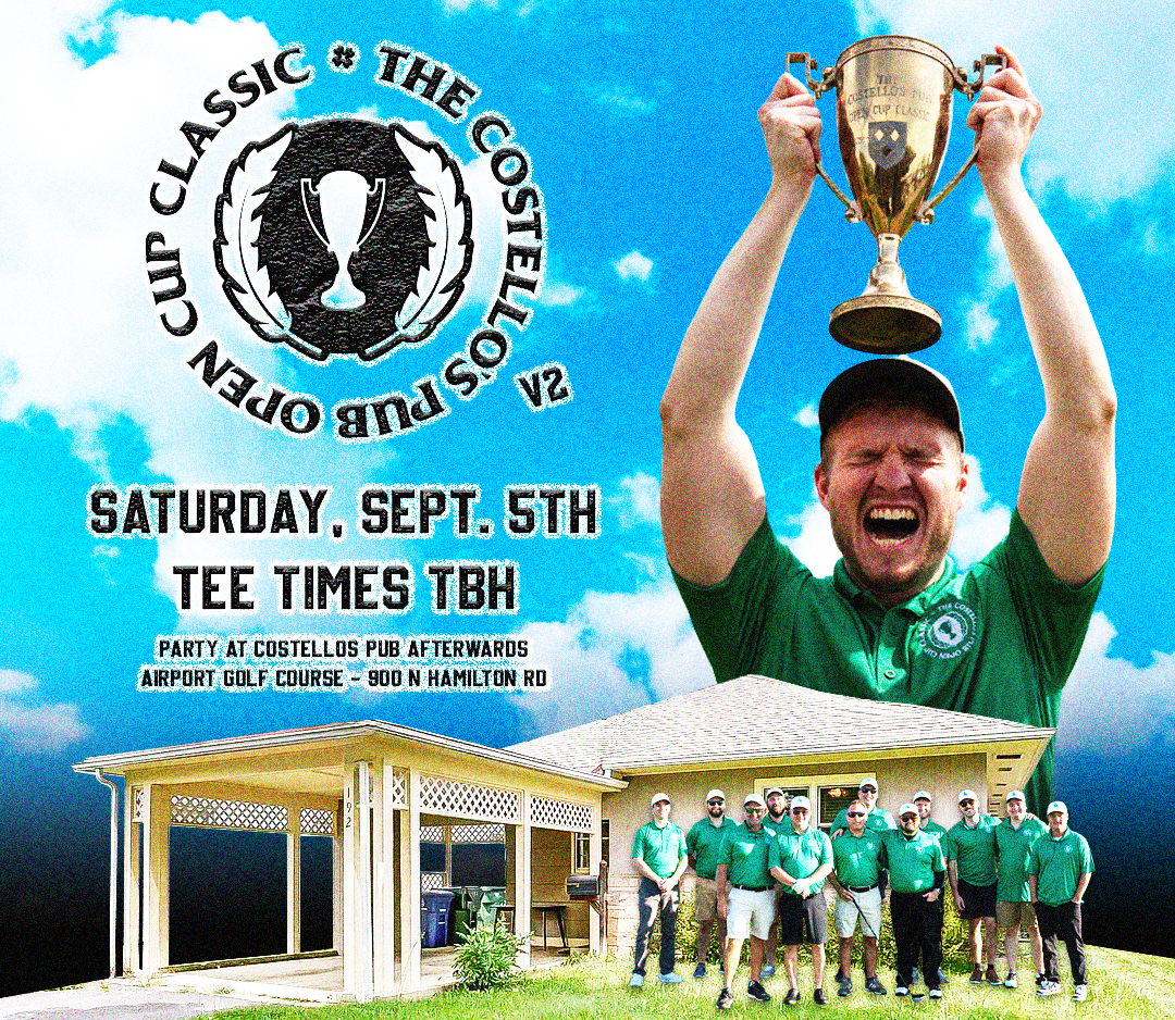 Man in green shirt holding trophy above head with group in green shirts and event details on blue sky.
