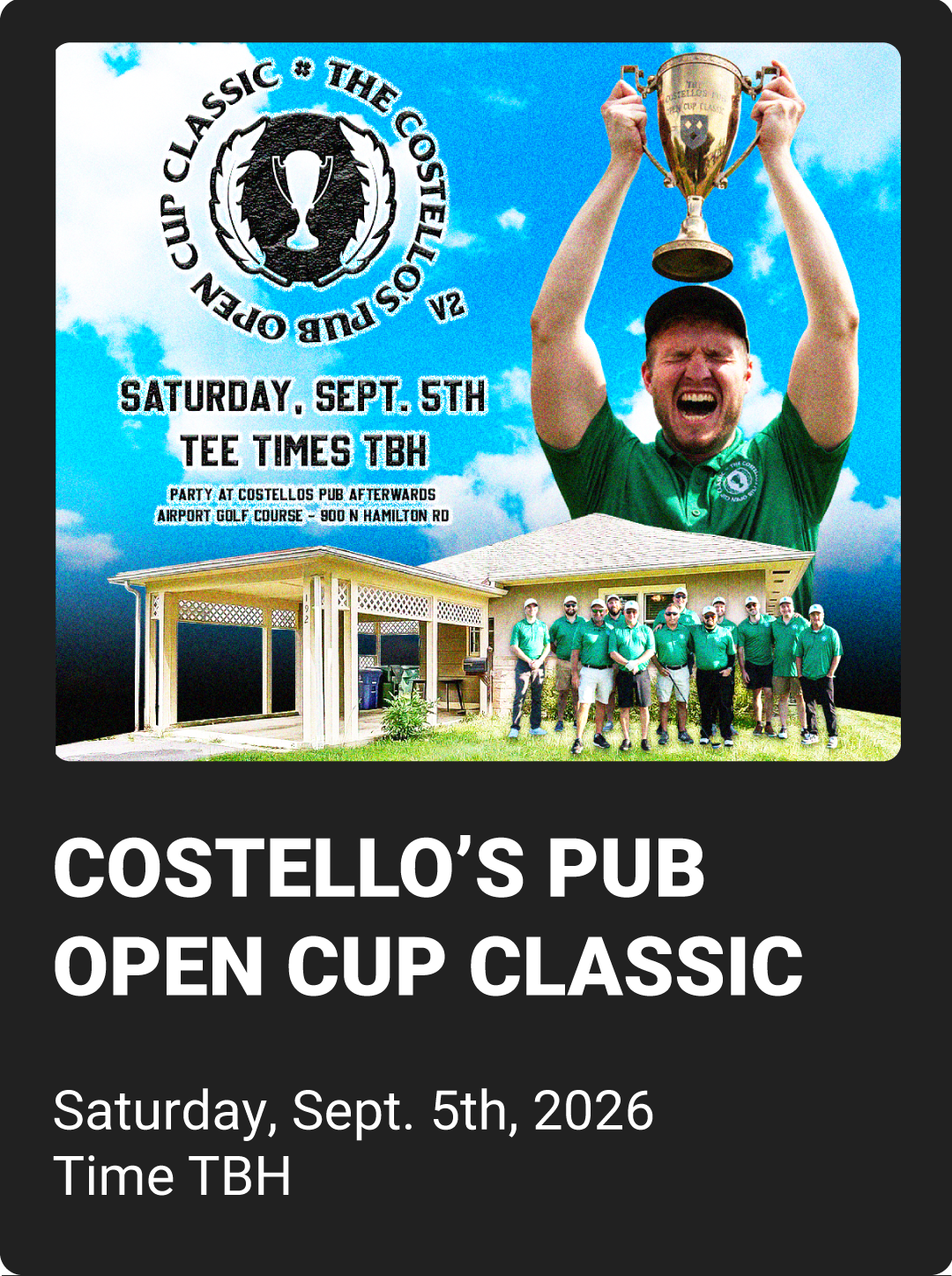 Promotional graphic for the 2026 first game watch party featuring Columbus Crew and Portland Timbers logos, new players, crew kids, and a house with text 'Who are you people?!'