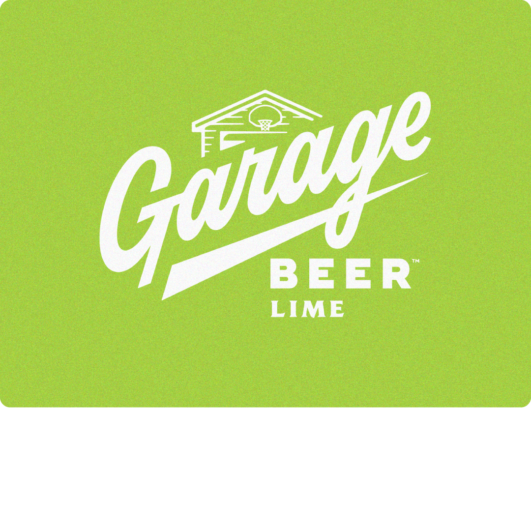 Logo for Garage Beer Lime on lime green background with 4% ABV light beer text below.