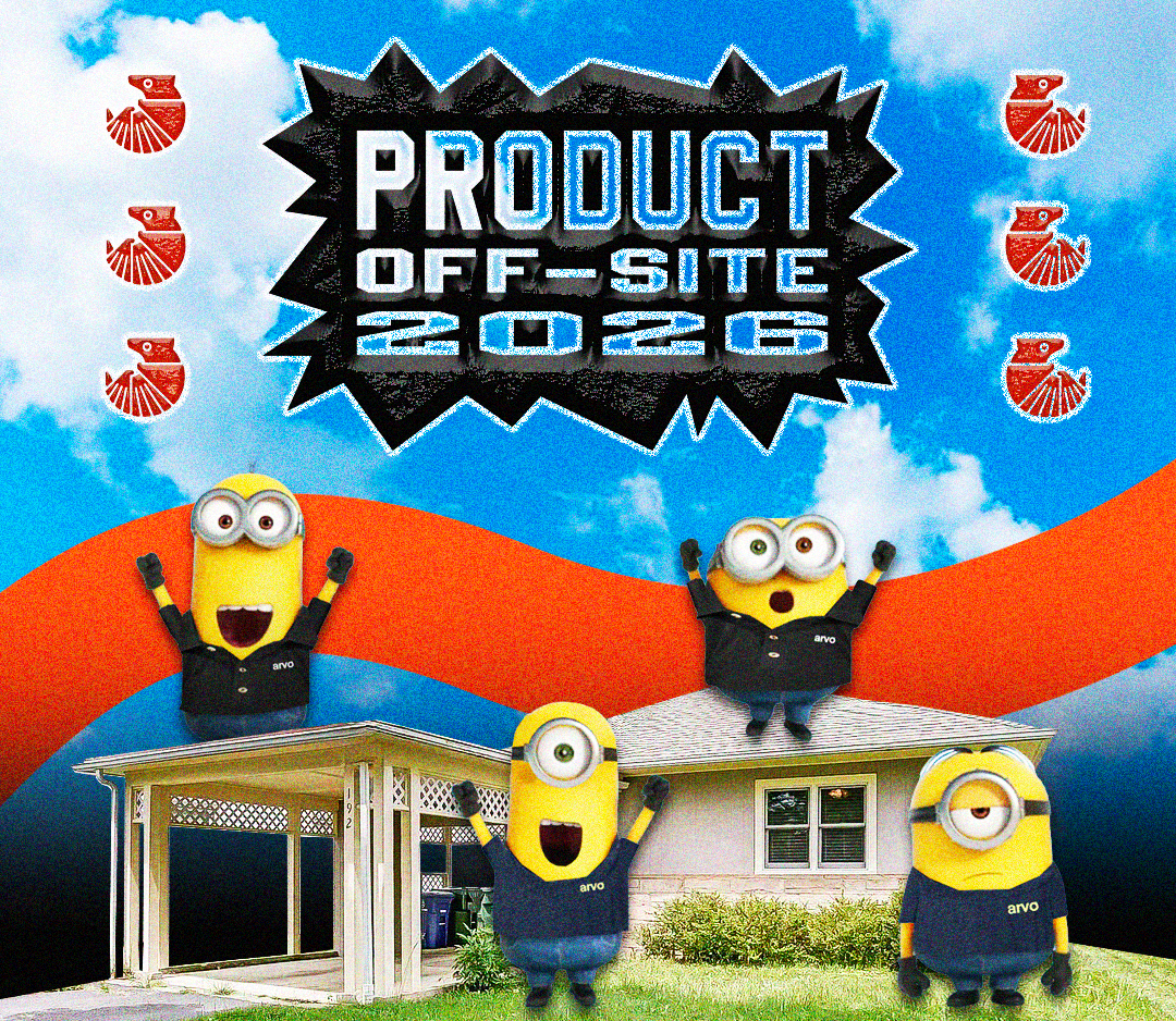 Four cartoon Minion characters wearing black shirts positioned around a house with a carport under a blue sky with scattered clouds and a red wave background, above which is a black jagged starburst shape with the white text 'PRODUCT OFF-SITE 2026' and small red armadillo logos on each side.