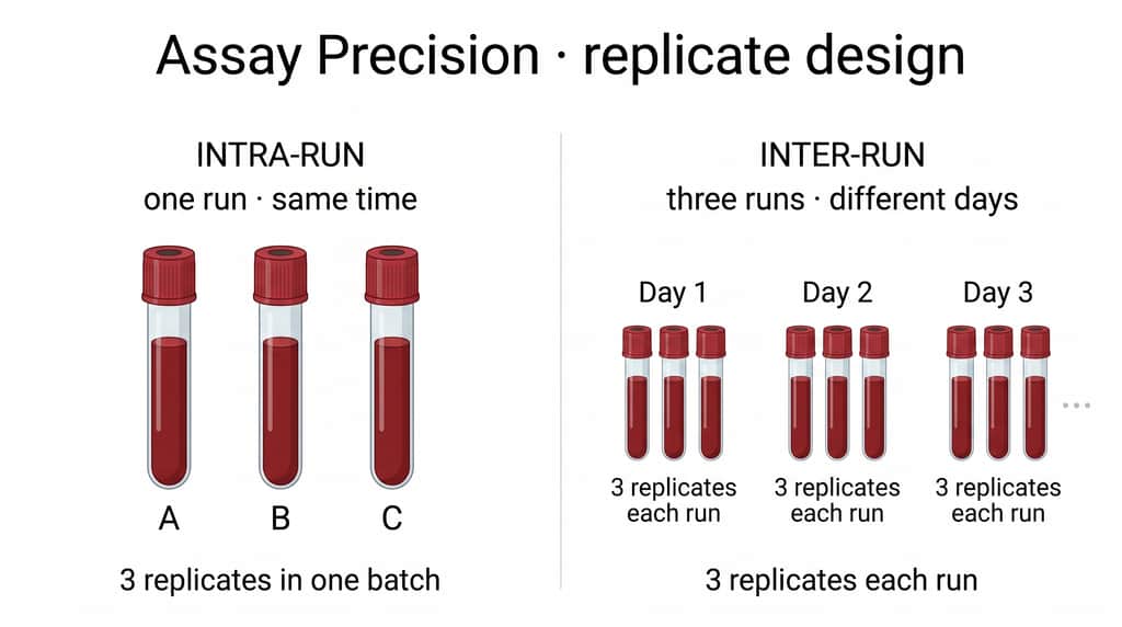 Assay Precision replicate design: intra-run three tubes in one batch, inter-run three replicates across Day 1, Day 2, Day 3