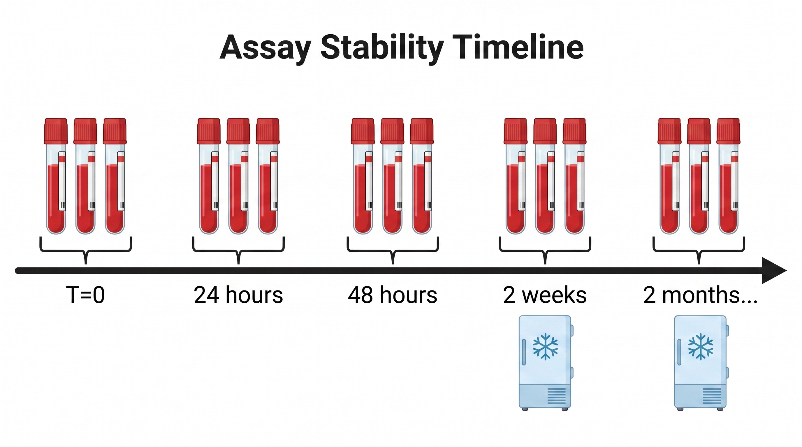 Assay Stability Timeline: same blood tube at T=0, 24h, 48h, 2 weeks, 2 months