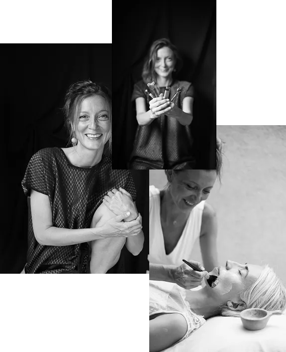 Collage of three black-and-white photos featuring a smiling woman; one with her holding makeup brushes, another showing her seated and smiling at the camera, and a third applying a facial mask to another woman lying down.