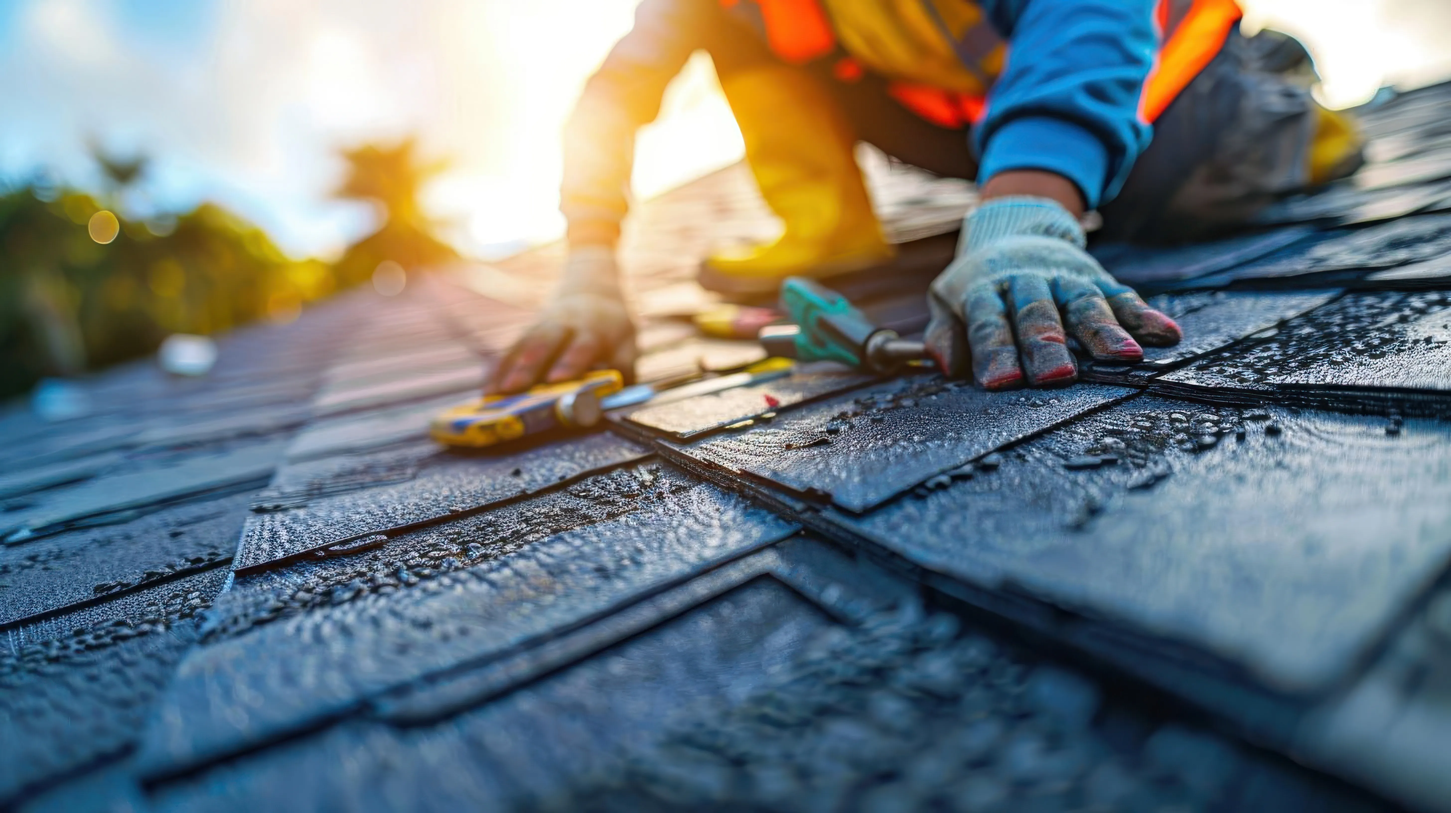 Roofer in work gloves installing asphalt shingles on a pitched roof
