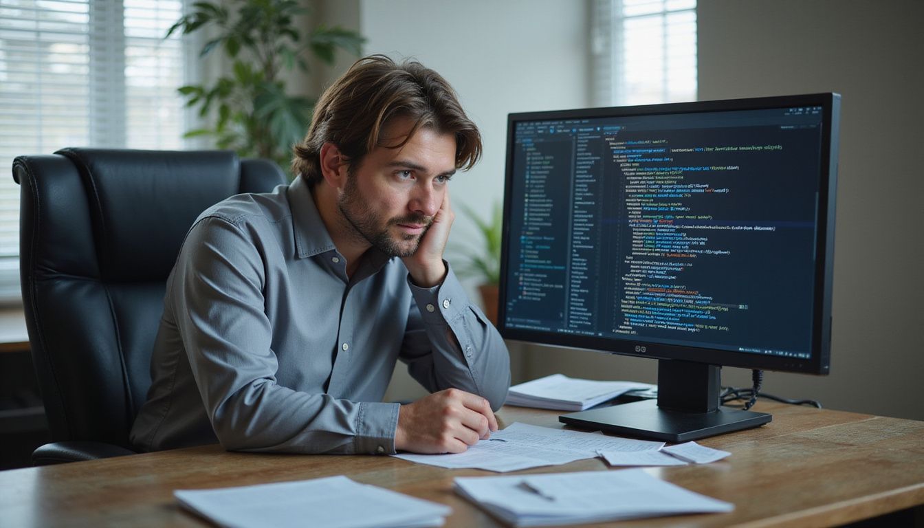 A frustrated professional reviews algorithmic code at a cluttered office desk.