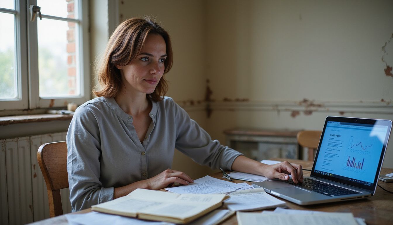 A focused middle-aged woman analyzes AI communication strategies at her desk.