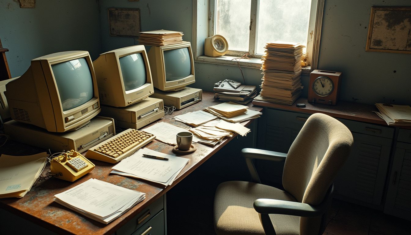 A cluttered old office with outdated technology and disorganized paperwork.