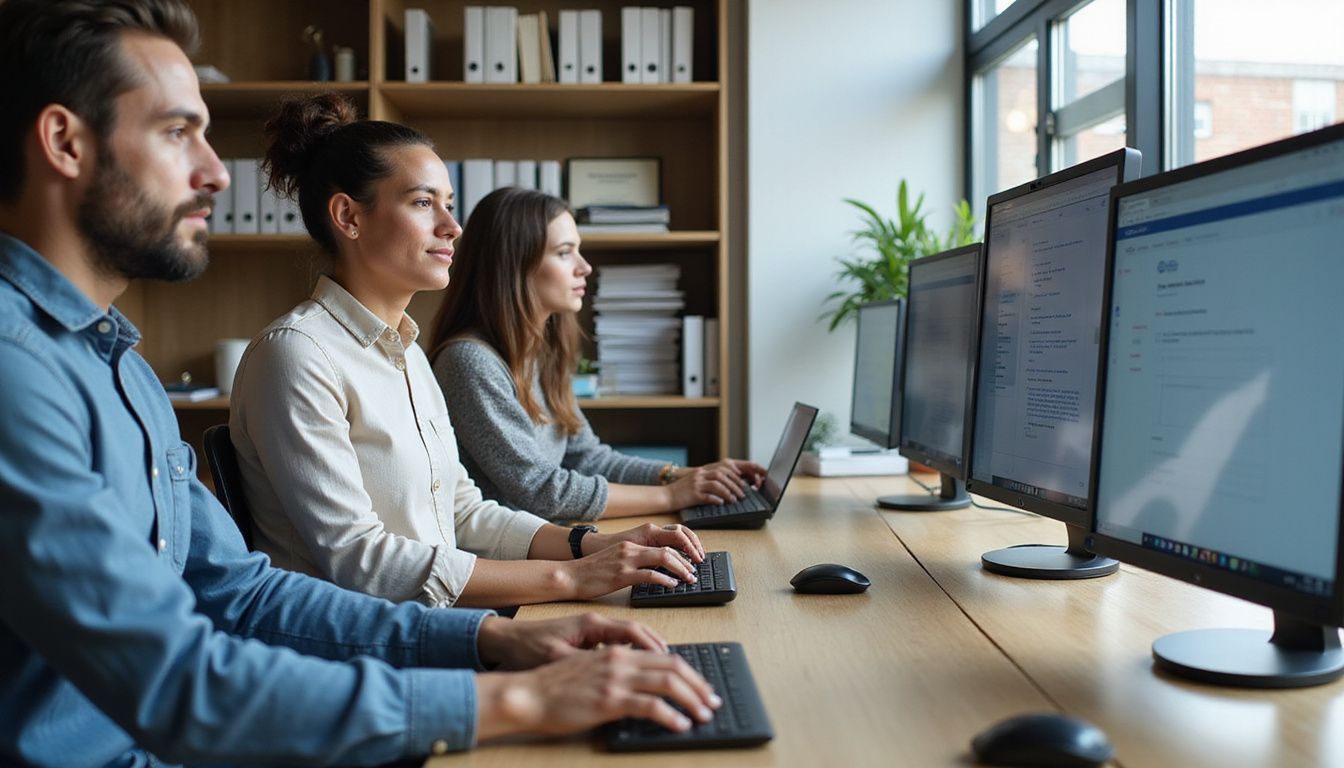 A modern office with employees collaborating around sleek desks and technology.