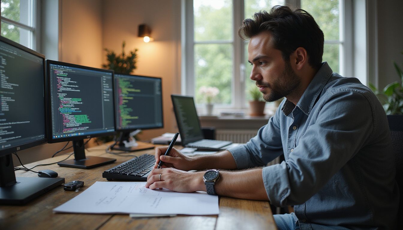 An IT professional intently writes AI requirements on a whiteboard.