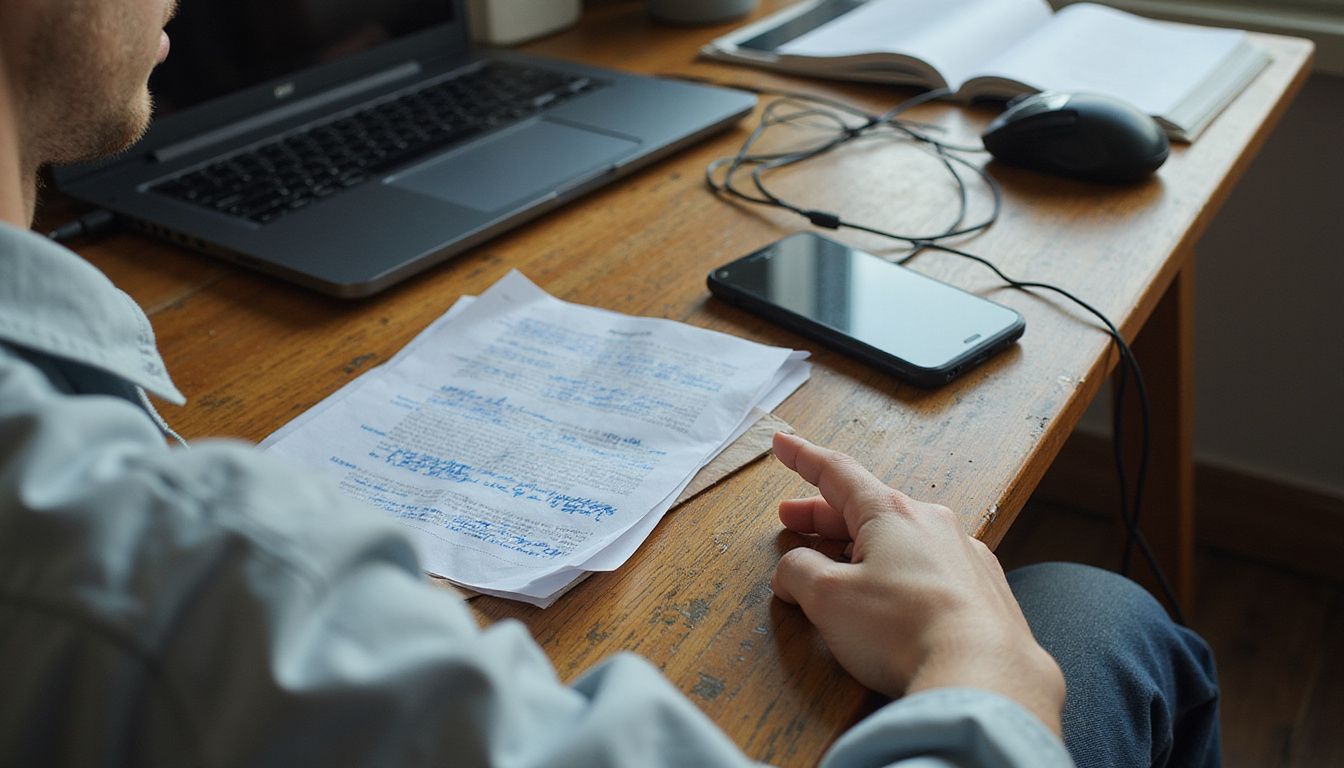 A focused individual works at a cluttered oak desk with devices.