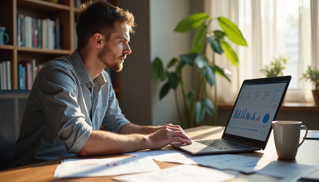 A focused man works at a modern, textured wooden office desk.