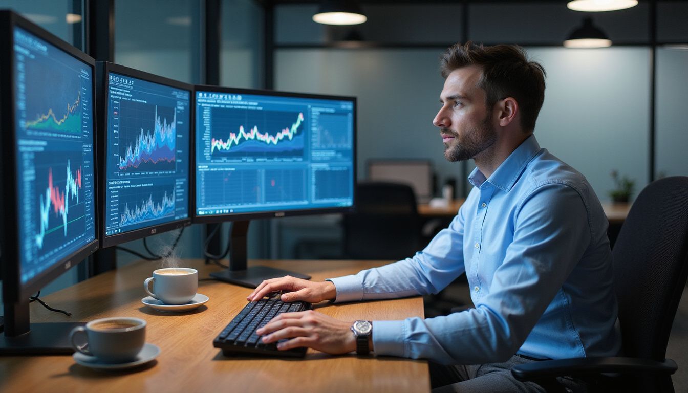 A focused man works at a desk with multiple computer monitors.