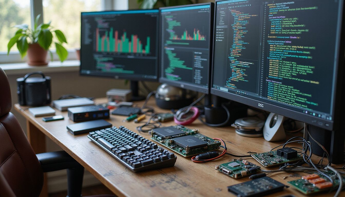 A cluttered tech workspace filled with computer components and monitors.