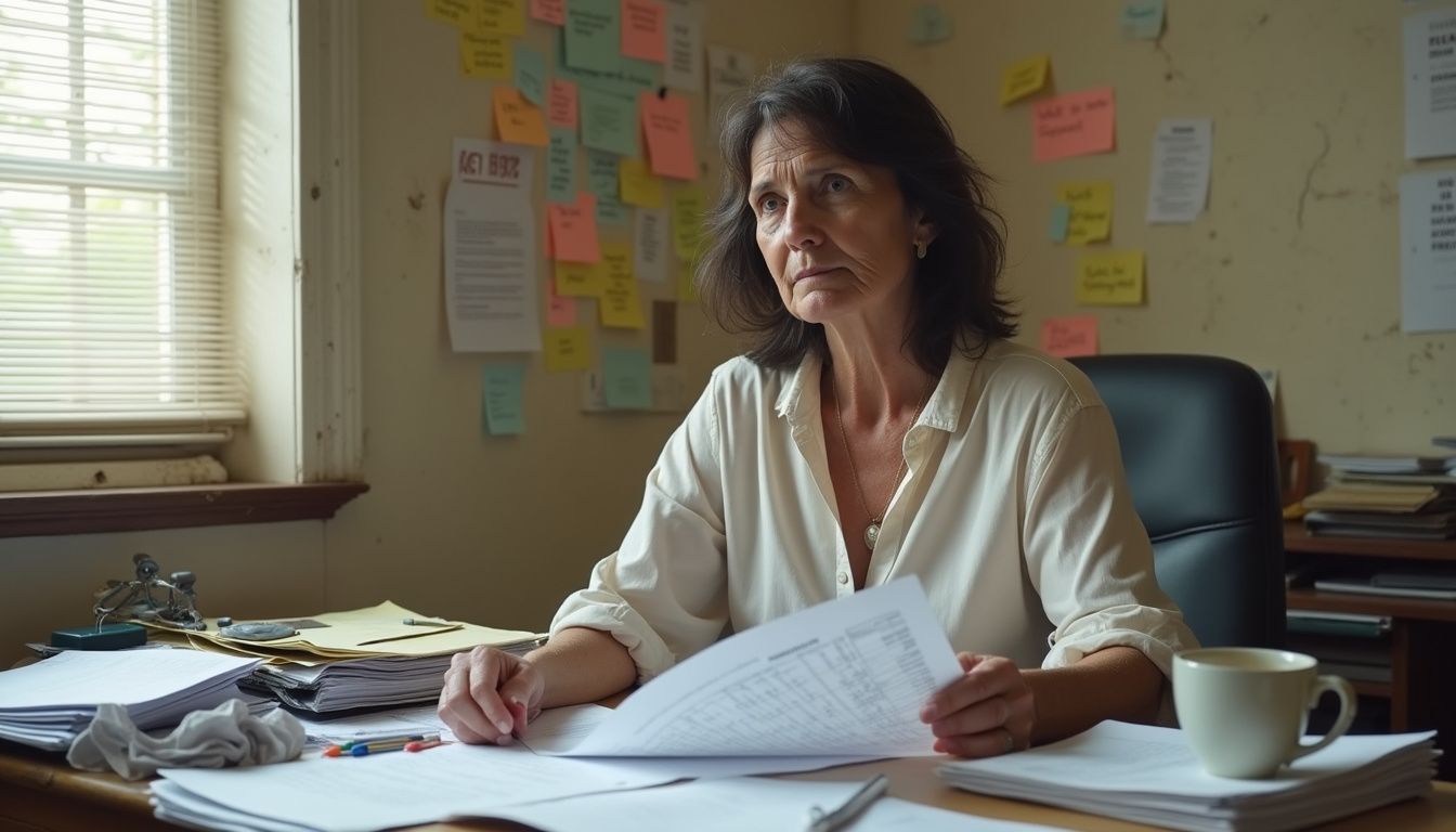 A focused woman reviews a report amid a cluttered office workspace.