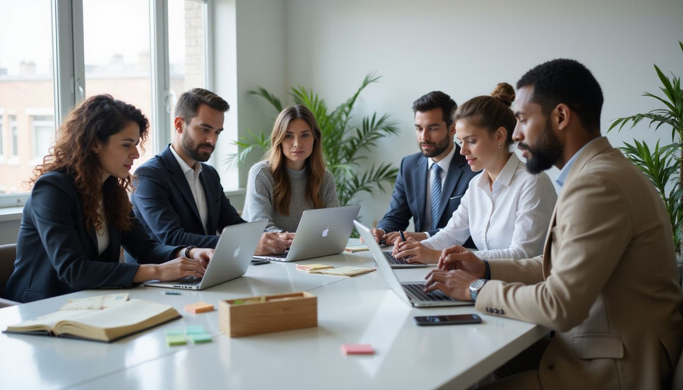 Professionals collaborate at a modern conference table in a dynamic office.