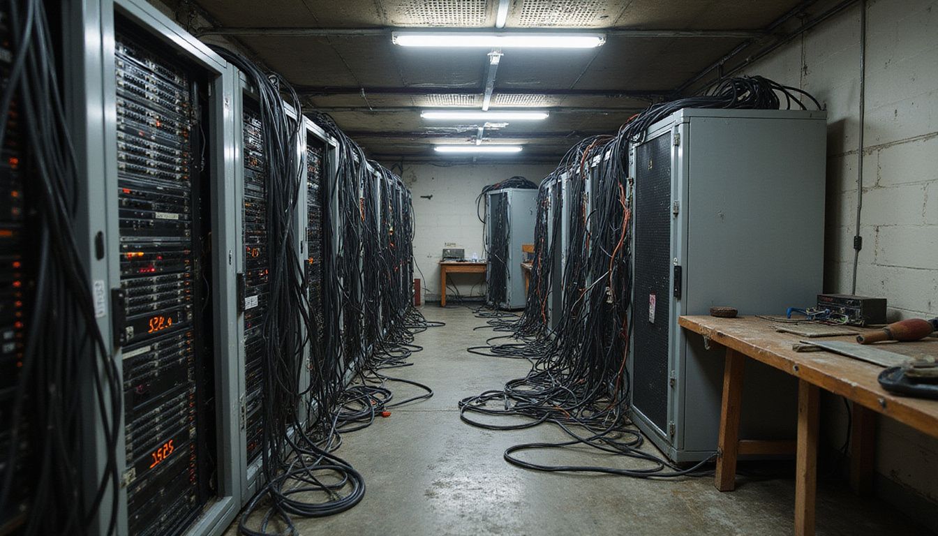 A cluttered server room filled with aging technology and chaotic cables.