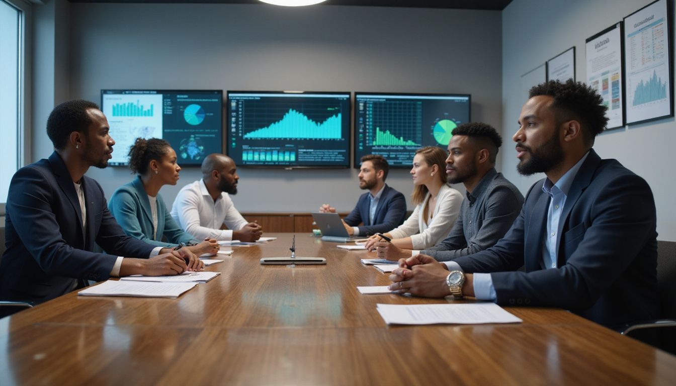 A diverse team collaborates on AI transformation around a conference table.