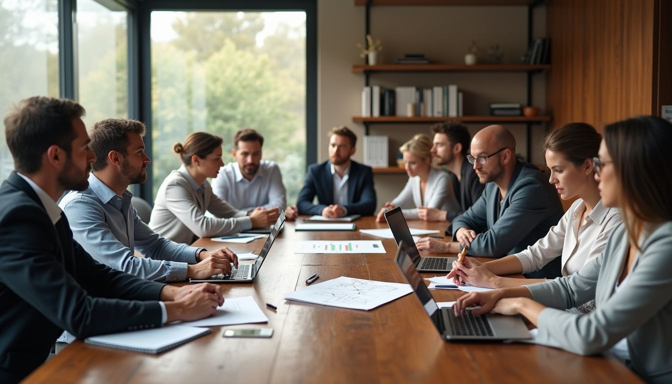 A diverse group of professionals collaborates on complex AI concepts.