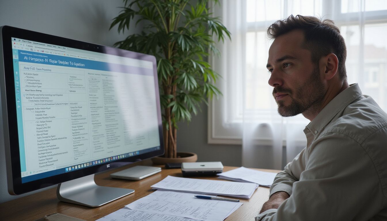 An employee analyzes AI project proposals at a cluttered wooden desk.
