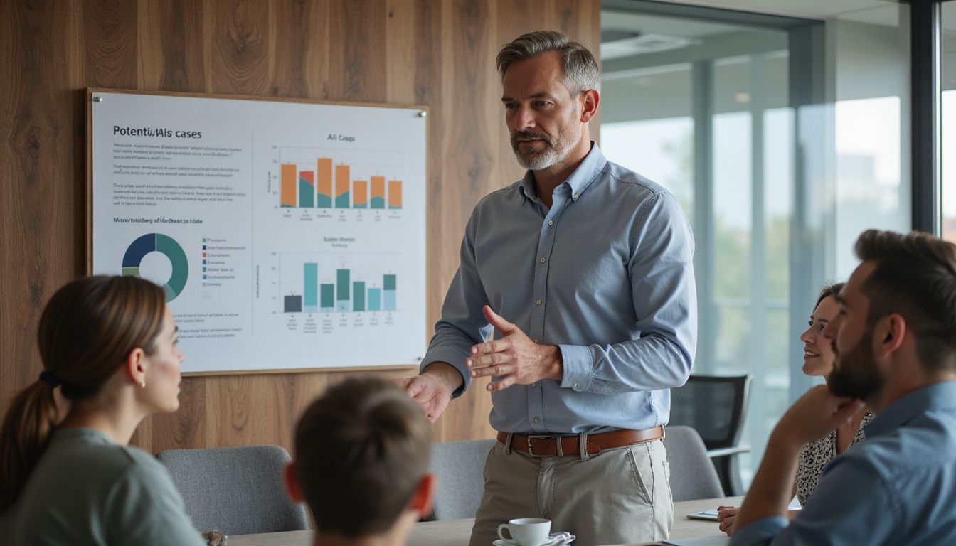 A focused man presents AI use cases to engaged colleagues in a conference room.