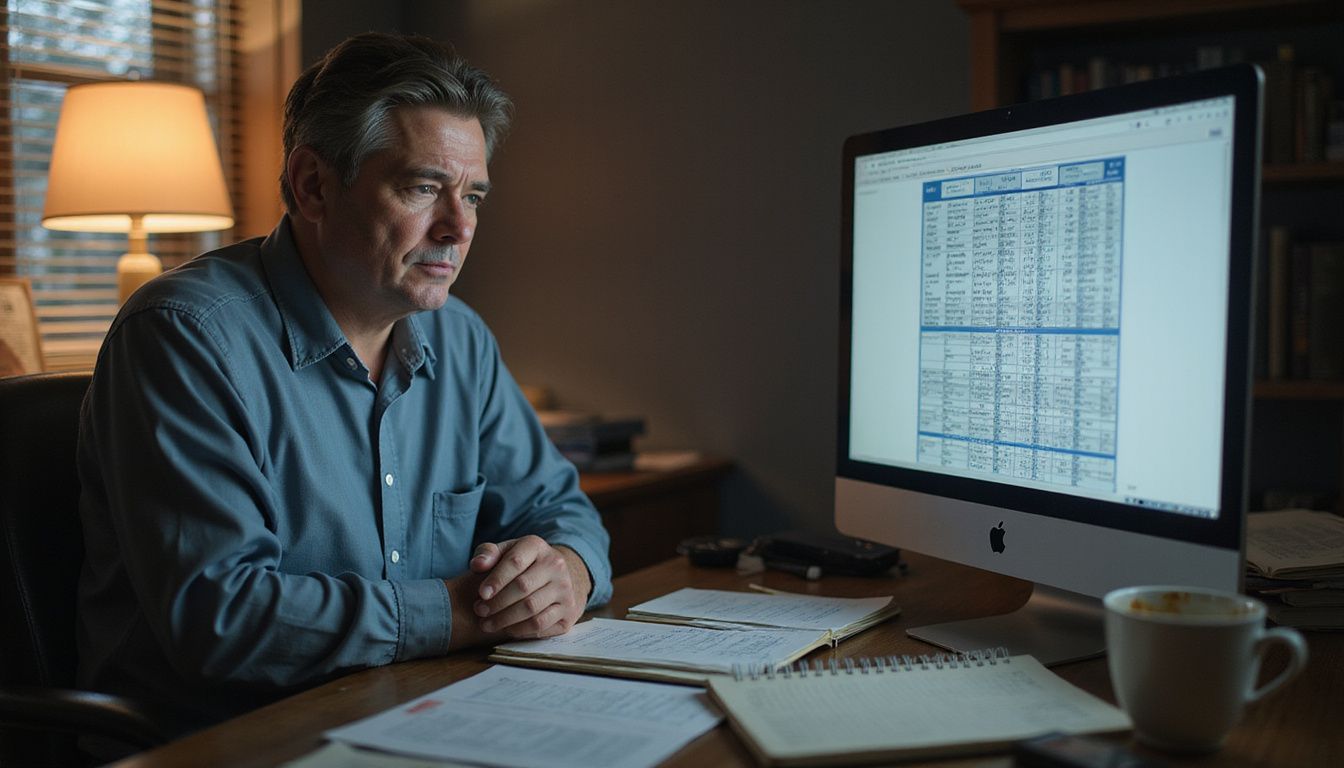 A stressed manager struggles with complex skill assessment charts at their desk.