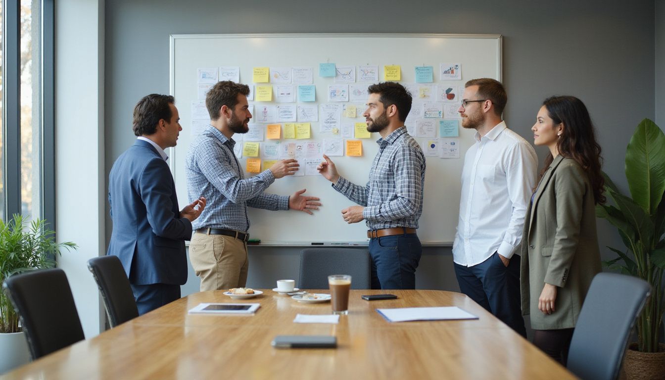 A diverse group collaborates around a colorful, detailed whiteboard in an office.