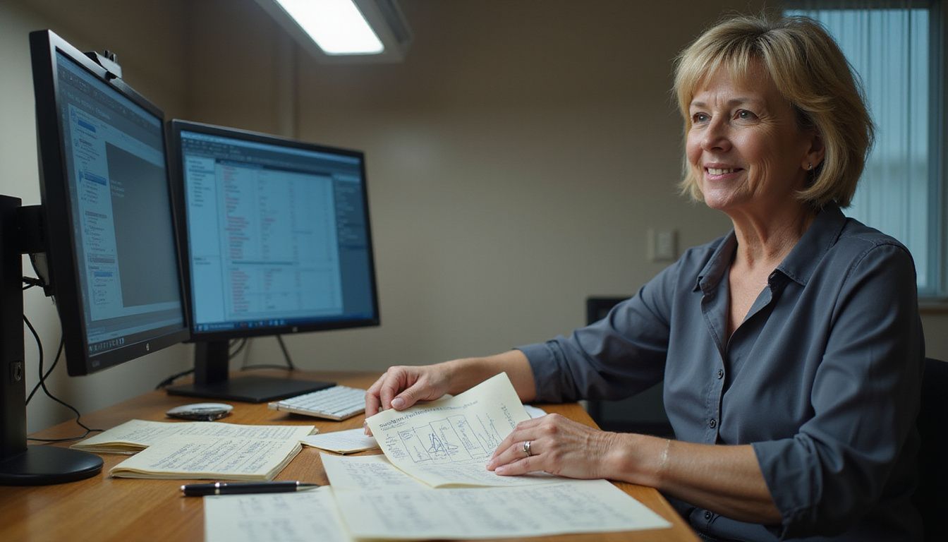 Middle-aged woman organizes office materials at a solid oak desk.