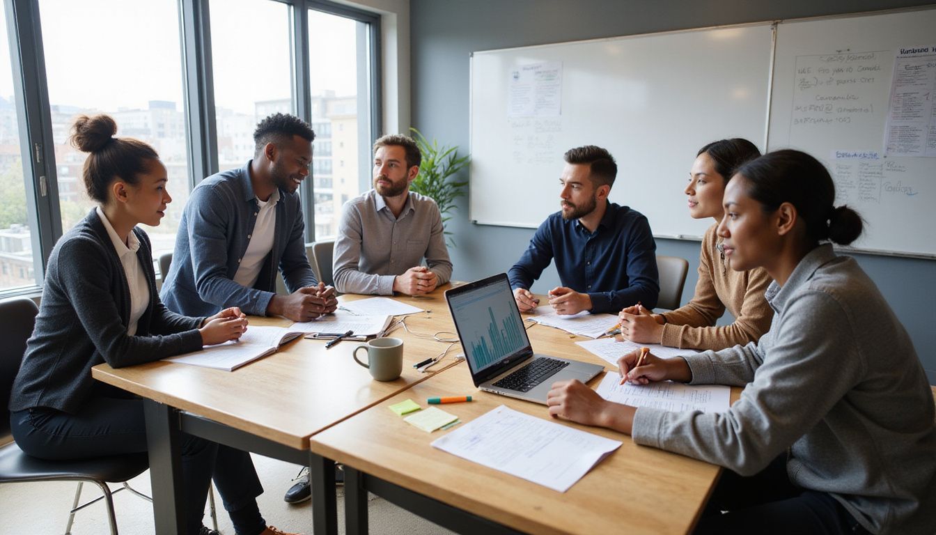 A diverse group collaborates in a modern office setting.