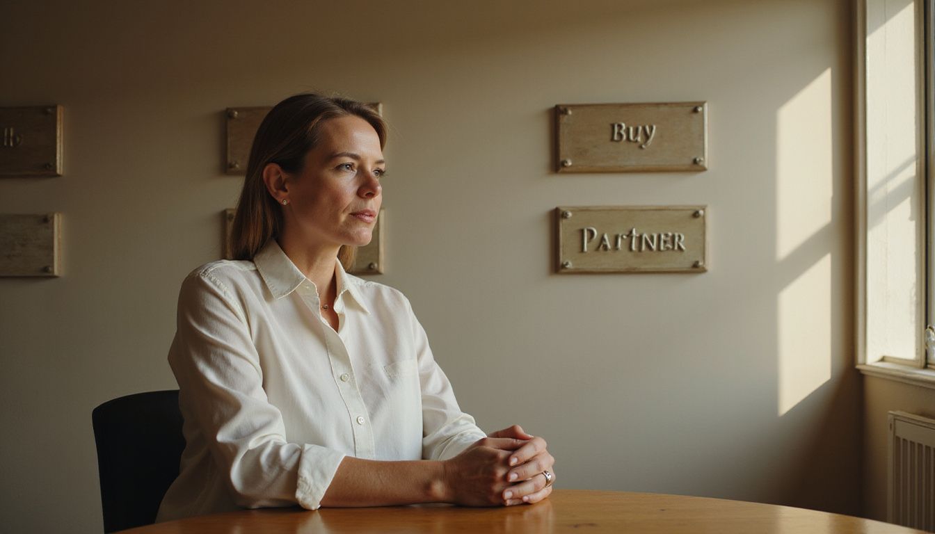 A thoughtful woman contemplates decisions labeled 'Build,' 'Buy,' and 'Partner.'