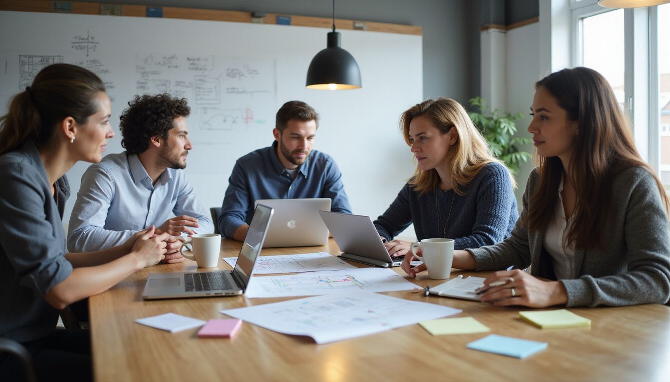 A diverse group of professionals collaborates in a modern office environment.