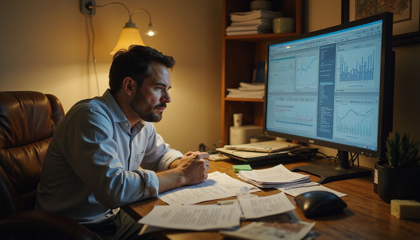A frustrated man analyzes complex AI analytics in a cluttered workspace.
