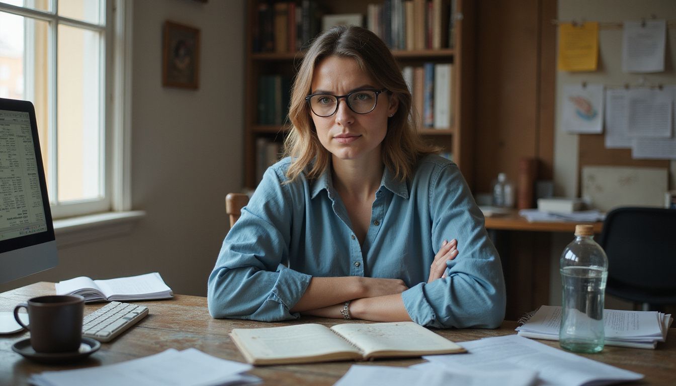 A woman appears overwhelmed while working at a cluttered desk.