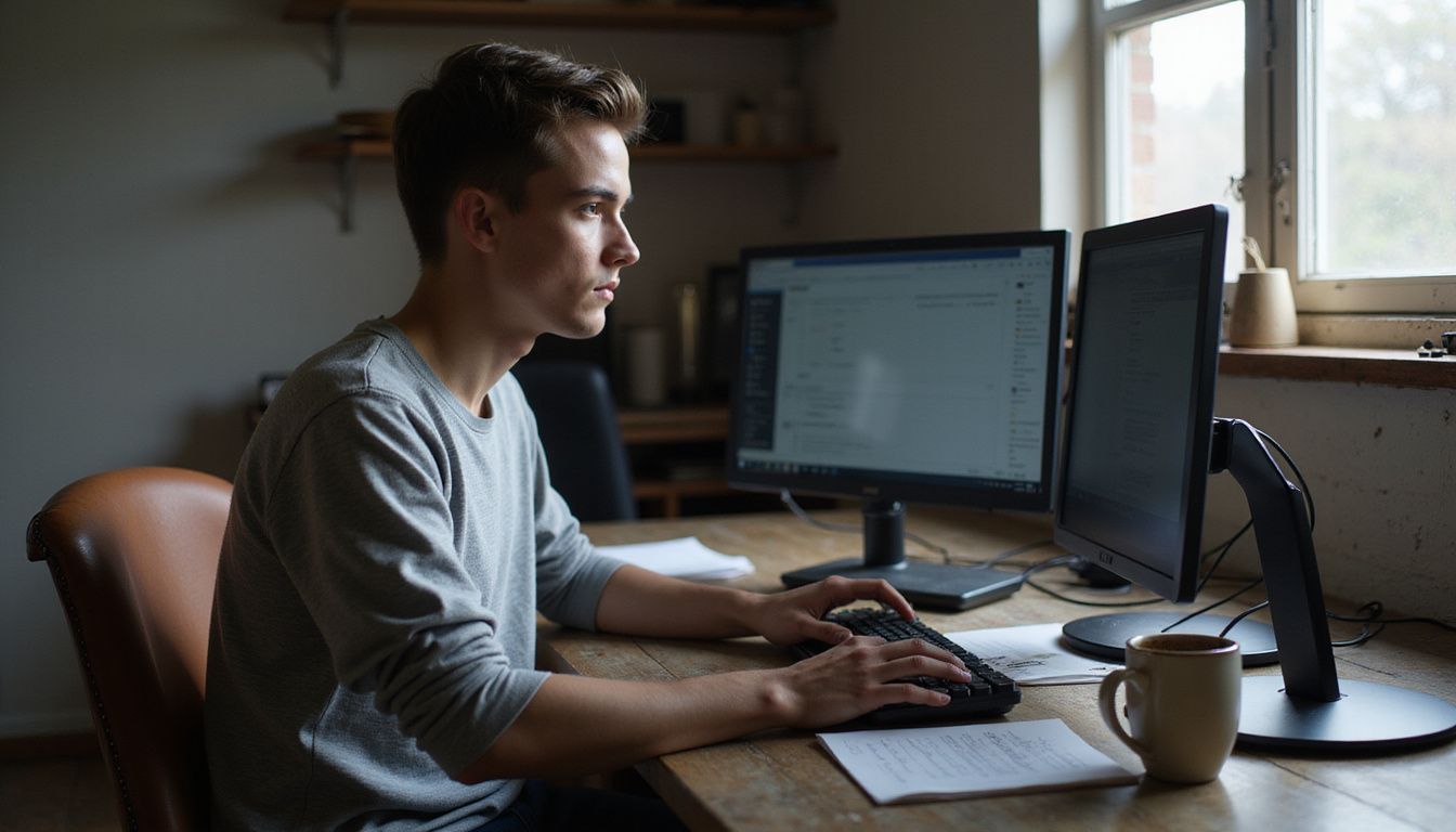 A young professional concentrates on multiple monitors at their desk.