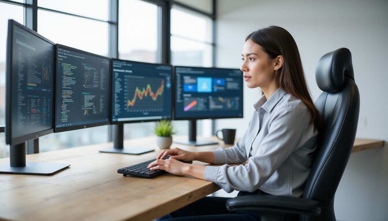 A focused woman analyzes AI dashboards at a minimalist office desk.