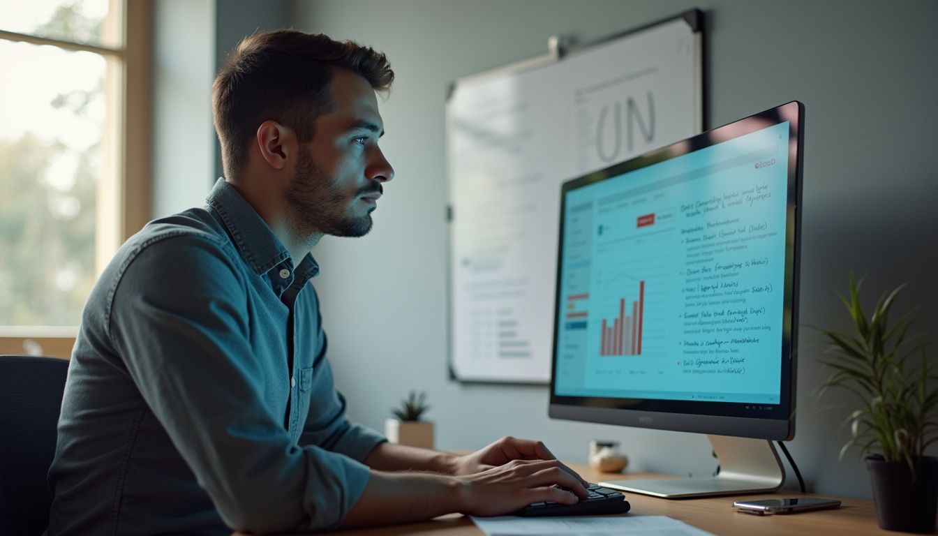 A focused individual analyzes AI algorithms at a modern workspace.