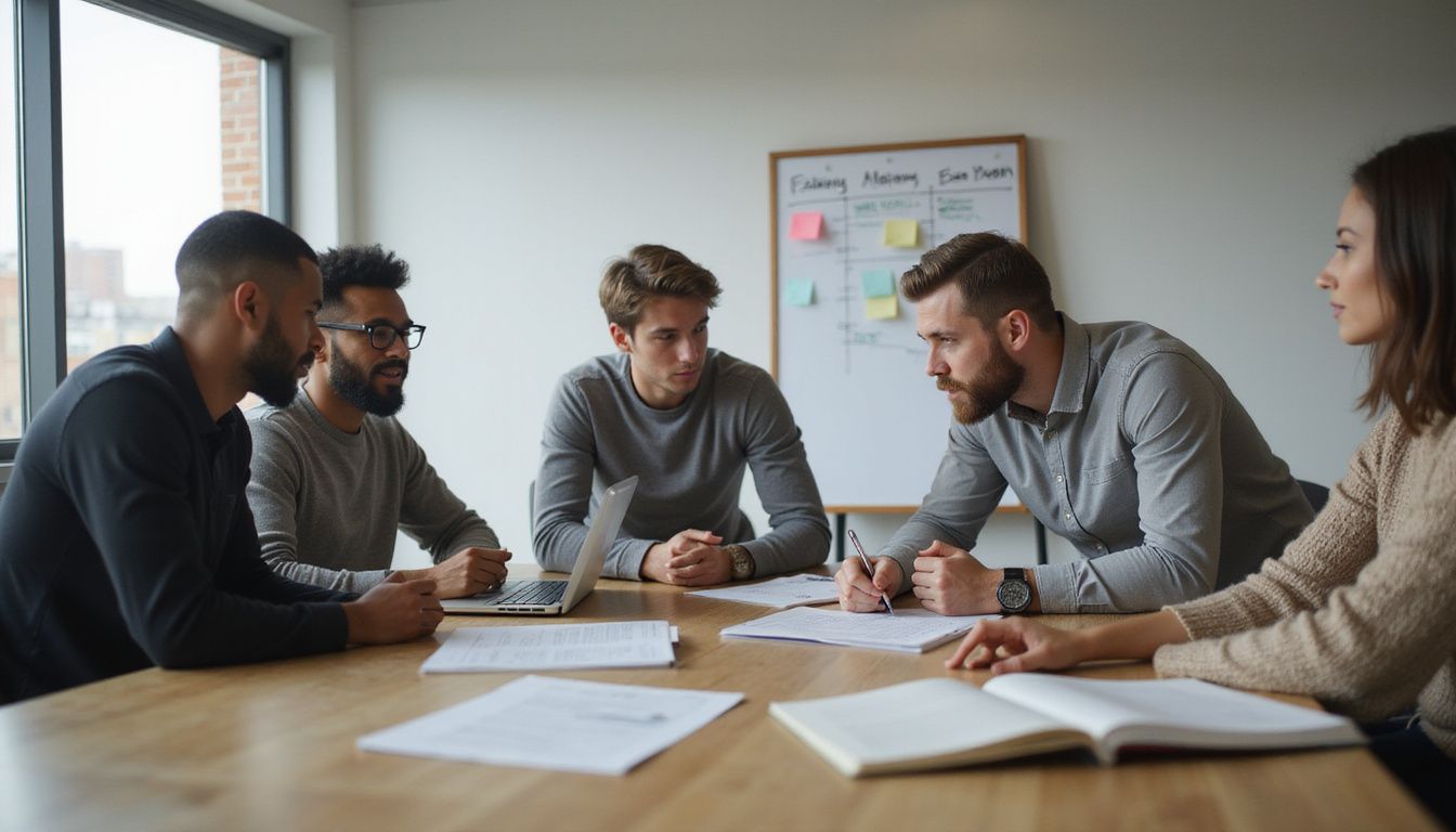 A diverse team collaborates on a project timeline in a modern office.