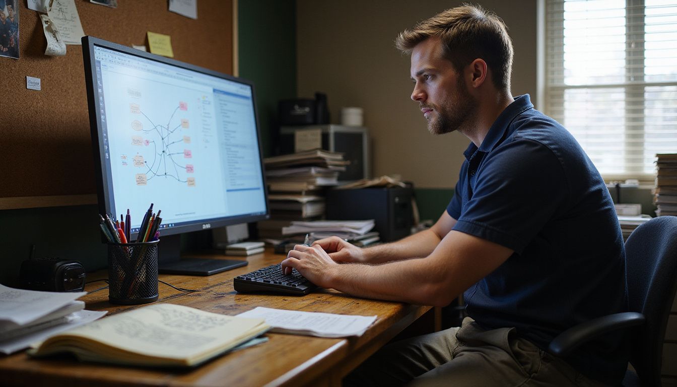 A focused individual works at a cluttered wooden desk.