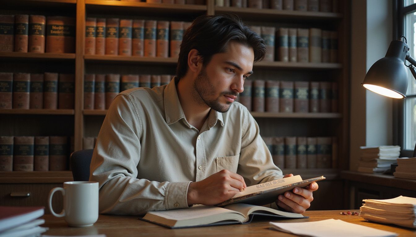 An AI engineer reads a book on healthcare solutions in a cozy office.