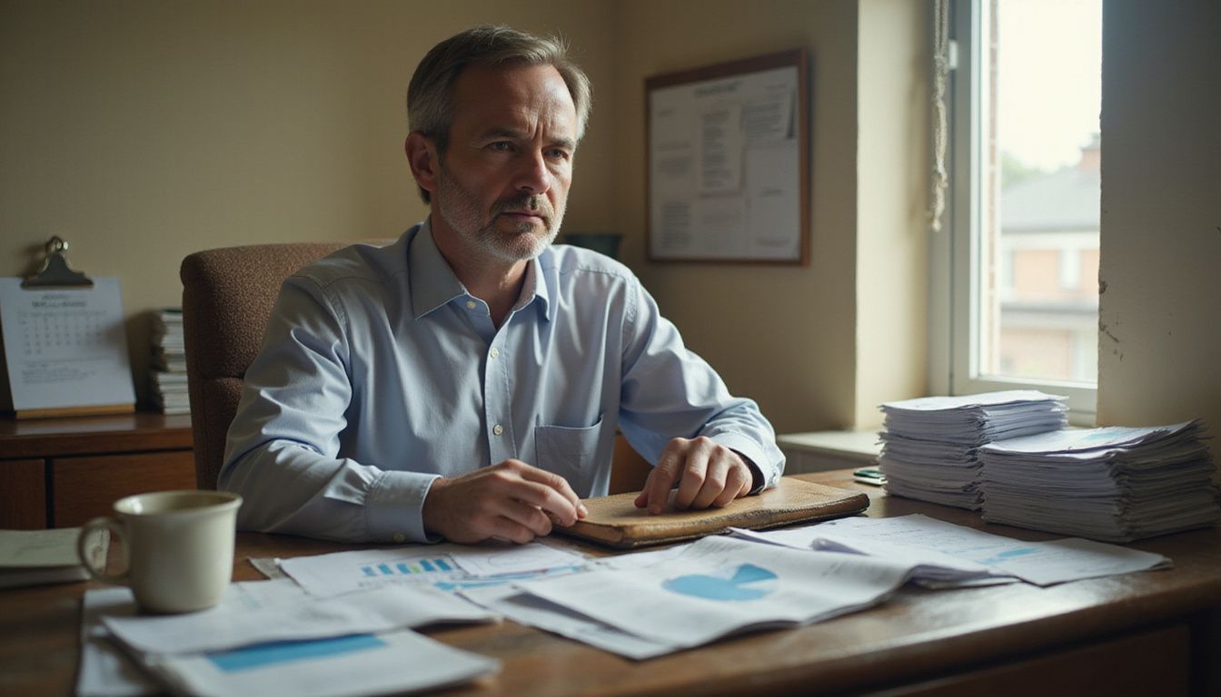 A frustrated manager analyzes customer feedback amidst office clutter.