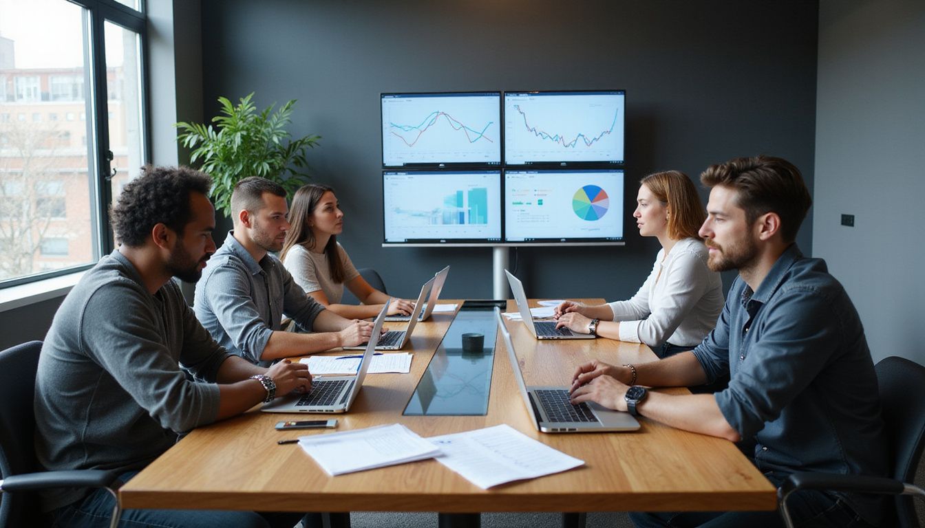 A team collaborates on AI project data in a conference room.