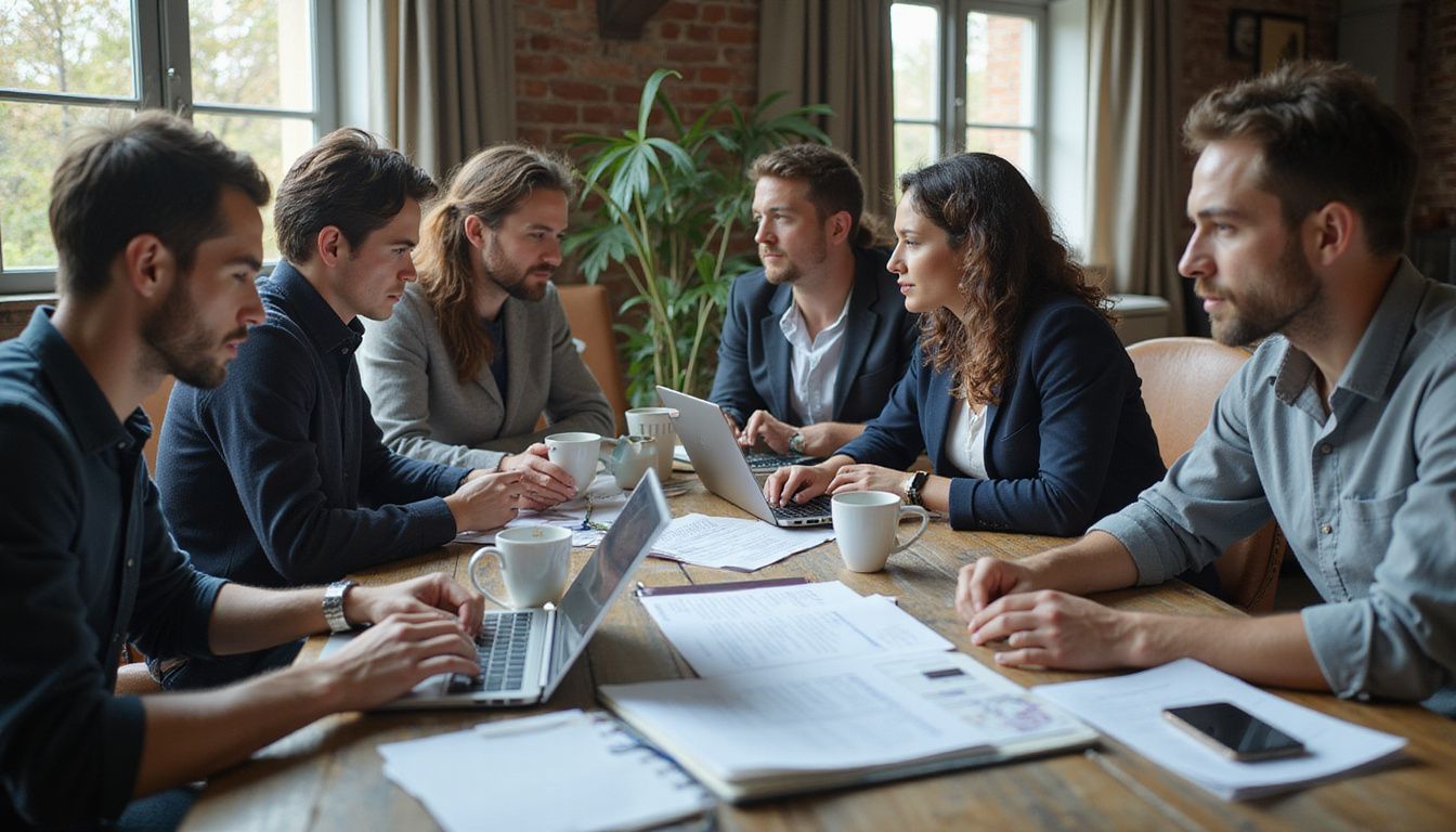 A focused team collaborates at a cluttered desk under pressure.