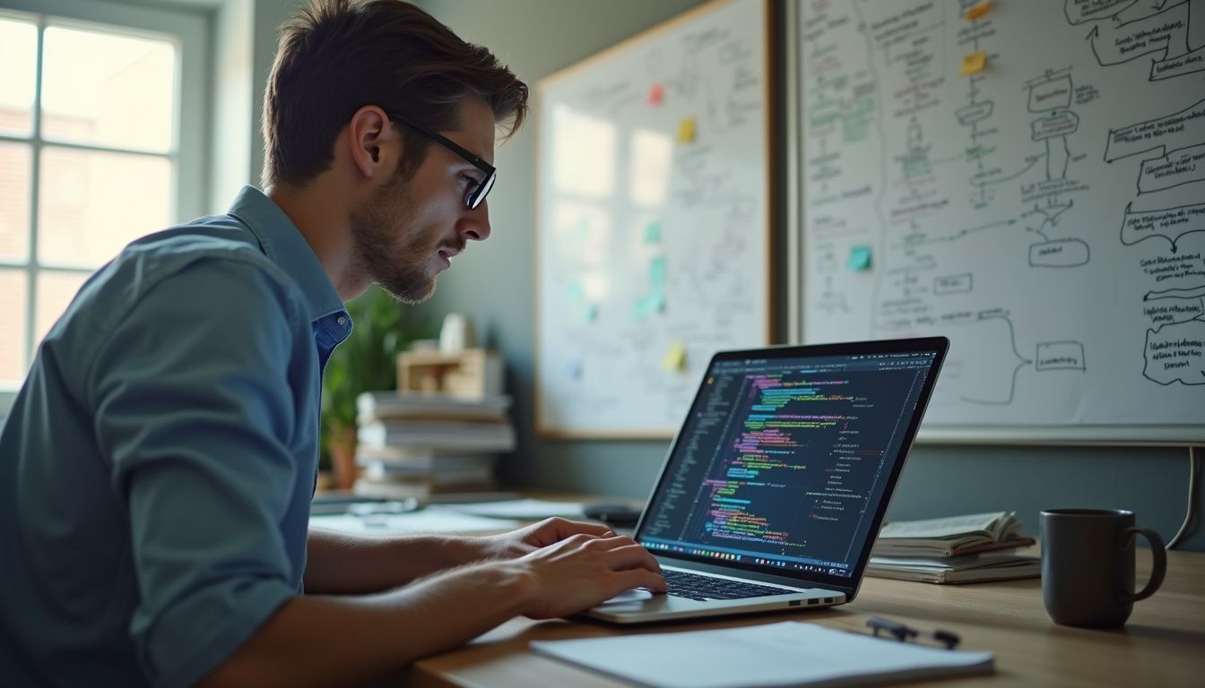 A focused engineer works on a laptop in a cluttered office.